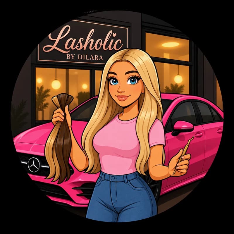 Das Original: Lasholic by Dilara, pinker Mercedes und Dilaras Markenillustration