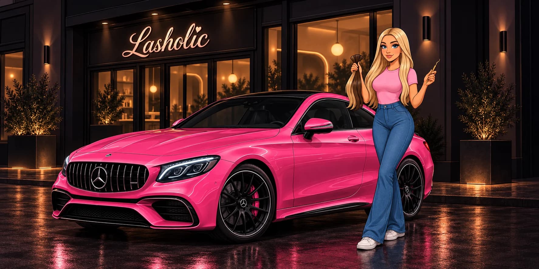Lasholic Markenillustration: Dilara mit Haar-Extensions und Pinzette neben dem Mercedes in Lasholic-Pink